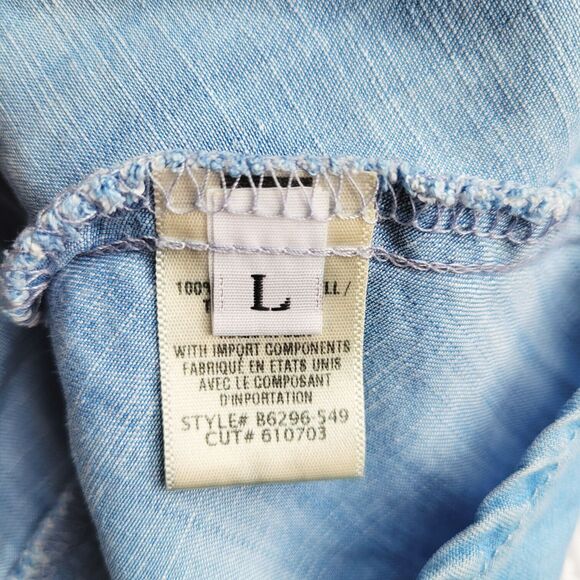 BELLA DAHL Blue Chambray Dress Size L Side-Stripe Racerback Flounce V-Neck - Picture 11 of 15